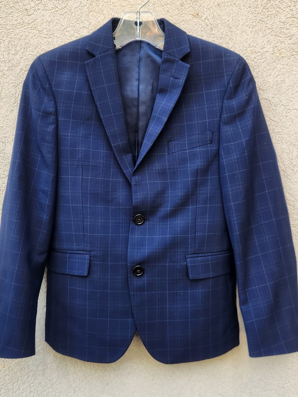 RALPH LAUREN Boys Blazer Size 12R Blue Windowpane Plaid Lined Sport Coat